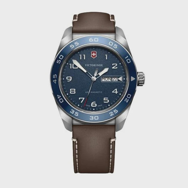 Victorinox Fieldforce blue dial stainless steel watch with brown leather strap and day-date display