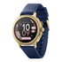 Front view of 40mm round smartwatch with gold-tone knurled bezel