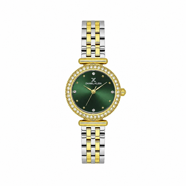 Daniel Klein DK.1.13948-4 ladies watch with green sunray dial, crystal-set bezel, and two-tone stainless steel bracelet