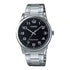 Casio MTP-V001D-1BUDF front view showing black dial with white Arabic numerals