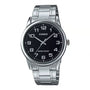 Casio MTP-V001D-1BUDF front view showing black dial with white Arabic numerals