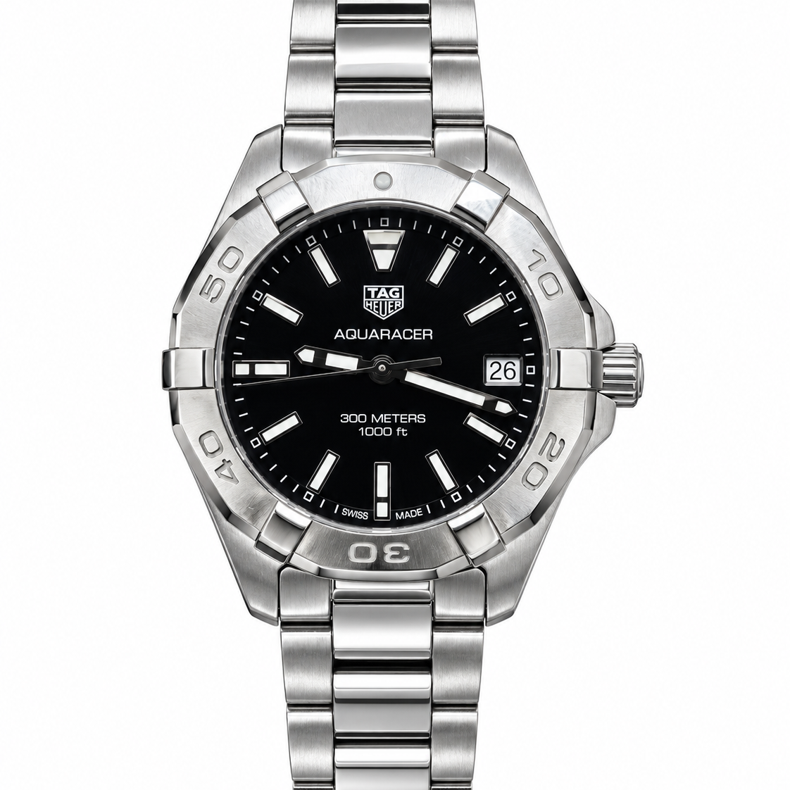 TAG Heuer Aquaracer 32mm steel watch with black sunray dial and bracelet