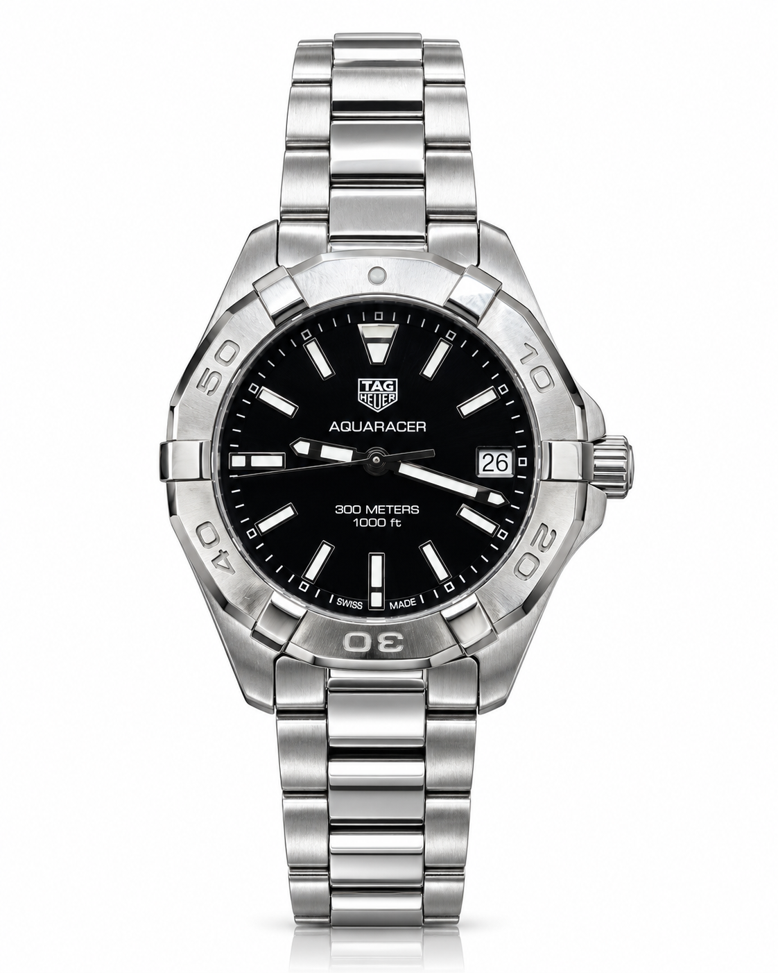 TAG Heuer Aquaracer 32mm steel watch with black sunray dial and bracelet