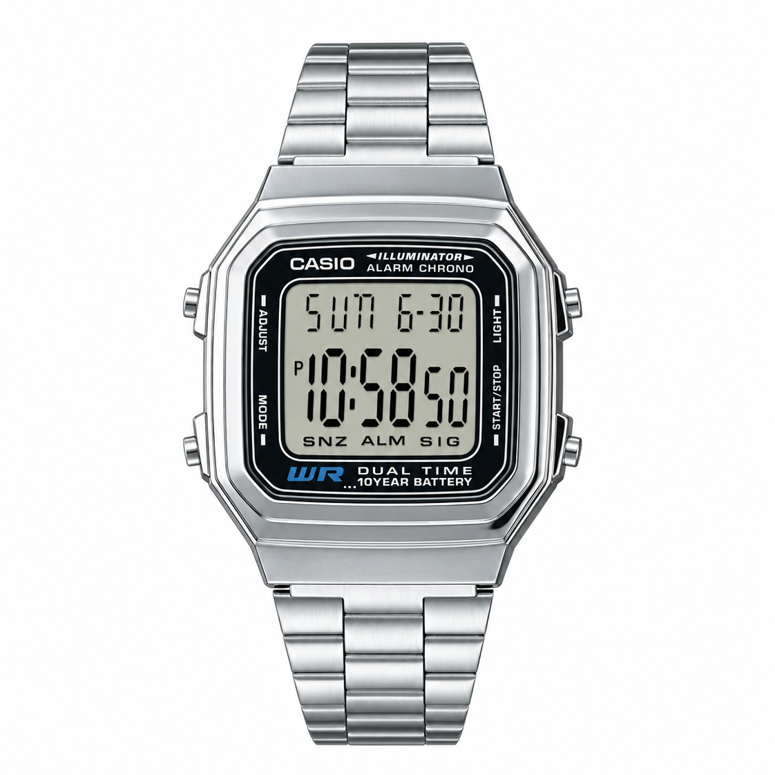 Casio VINTAGE A178WA-1AUDF digital watch front view with LCD display