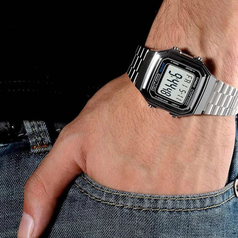 Rectangular resin case and chrome plated bezel of Casio A178WA-1AUDF