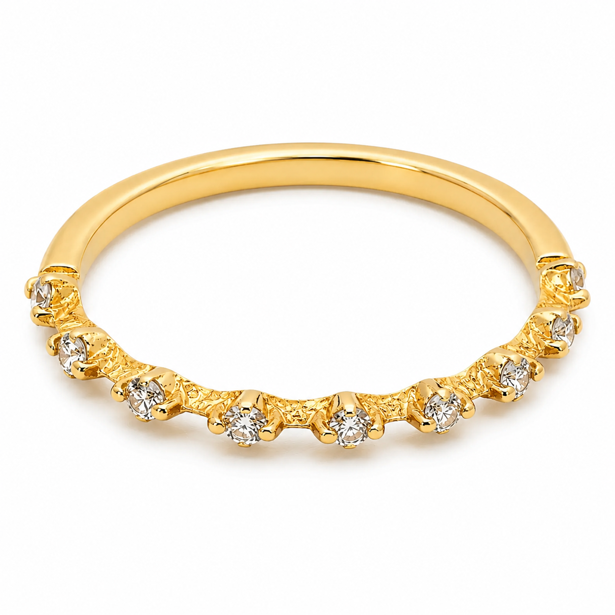 9ct yellow gold diamond band ring with round brilliant-cut diamonds in curved claw setting, Cassim & Co. Johannesburg