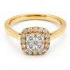 9ct yellow gold cluster diamond engagement ring with cushion halo setting and white gold prongs