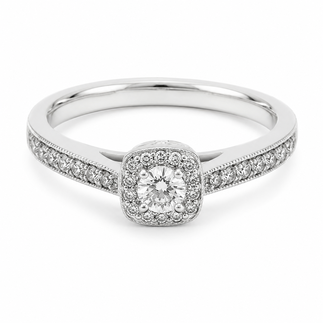 9ct white gold halo diamond engagement ring with round brilliant centre stone and pavé diamond shoulders