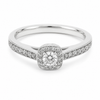 9ct white gold halo diamond engagement ring with round brilliant centre stone and pavé diamond shoulders