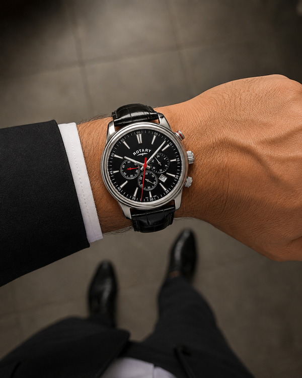 Rotary Henley Quartz Chronograph Black Dial Stainless Steel Watch on Leather Strap (GS05083/04)