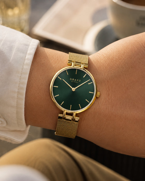 Obaku V322LXGEMG Quartz Green Sunray Dial Gold-Tone Mesh Watch