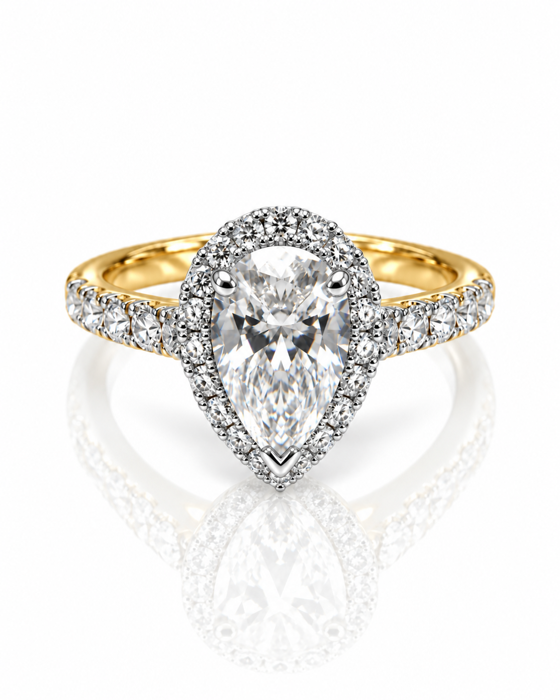 9ct yellow gold engagement ring with 1.50ct pear lab grown diamond halo setting and pavé band