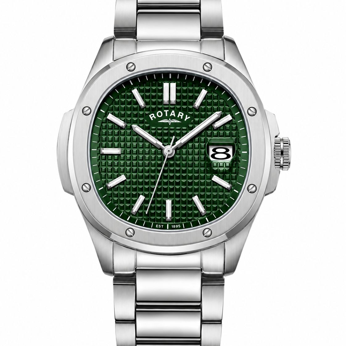 Rotary Apex100 watch with green Tapisserie dial and cushion-shaped stainless steel case on bracelet