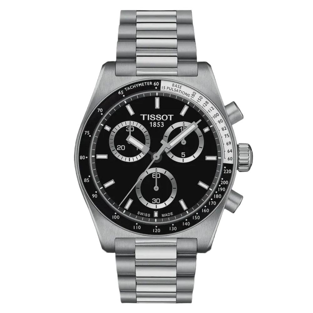 Tissot PR516 chronograph with black dial, tachymeter bezel and stainless steel bracelet