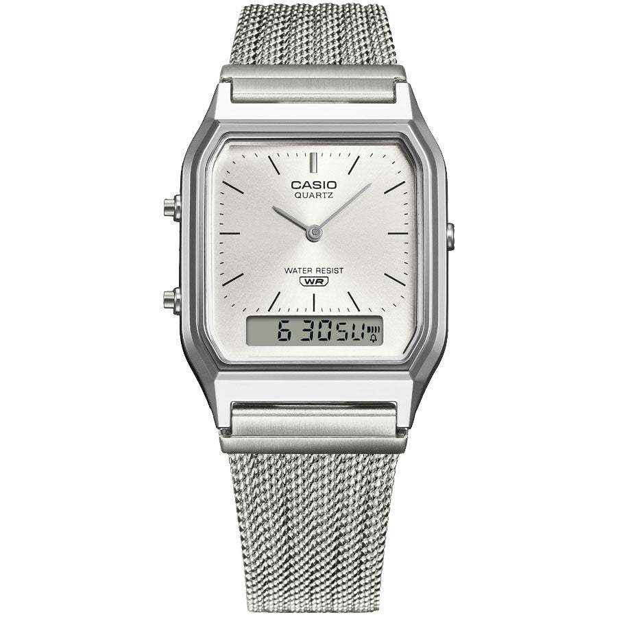 Casio AQ-230EM-7A Vintage ana-digi quartz watch with silver sunray dial, digital display, and stainless steel mesh bracelet on white background