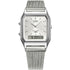 Casio AQ-230EM-7A Vintage ana-digi quartz watch with silver sunray dial, digital display, and stainless steel mesh bracelet on white background
