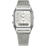 Casio AQ-230EM-7A Vintage ana-digi quartz watch with silver sunray dial, digital display, and stainless steel mesh bracelet on white background