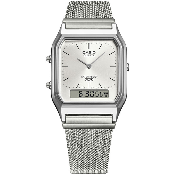 Casio AQ-230EM-7A Vintage ana-digi quartz watch with silver sunray dial, digital display, and stainless steel mesh bracelet on white background