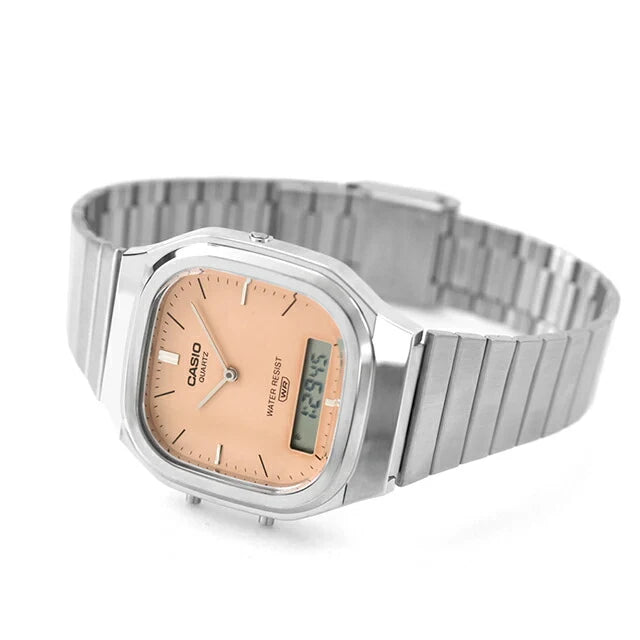 Casio Vintage AQ-240E Analogue-Digital Quartz Rose Dial Stainless Steel Watch (AQ-240E-4ADF)