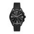 Emporio Armani Claudio AR11483 chronograph watch with 43mm black IP steel case, black dial, tachymetre bezel, and black leather strap