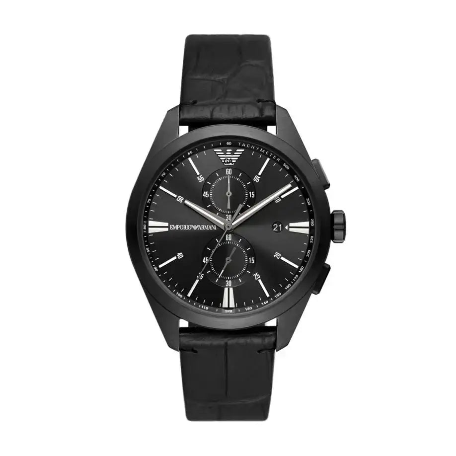 Emporio Armani Claudio AR11483 chronograph watch with 43mm black IP steel case, black dial, tachymetre bezel, and black leather strap