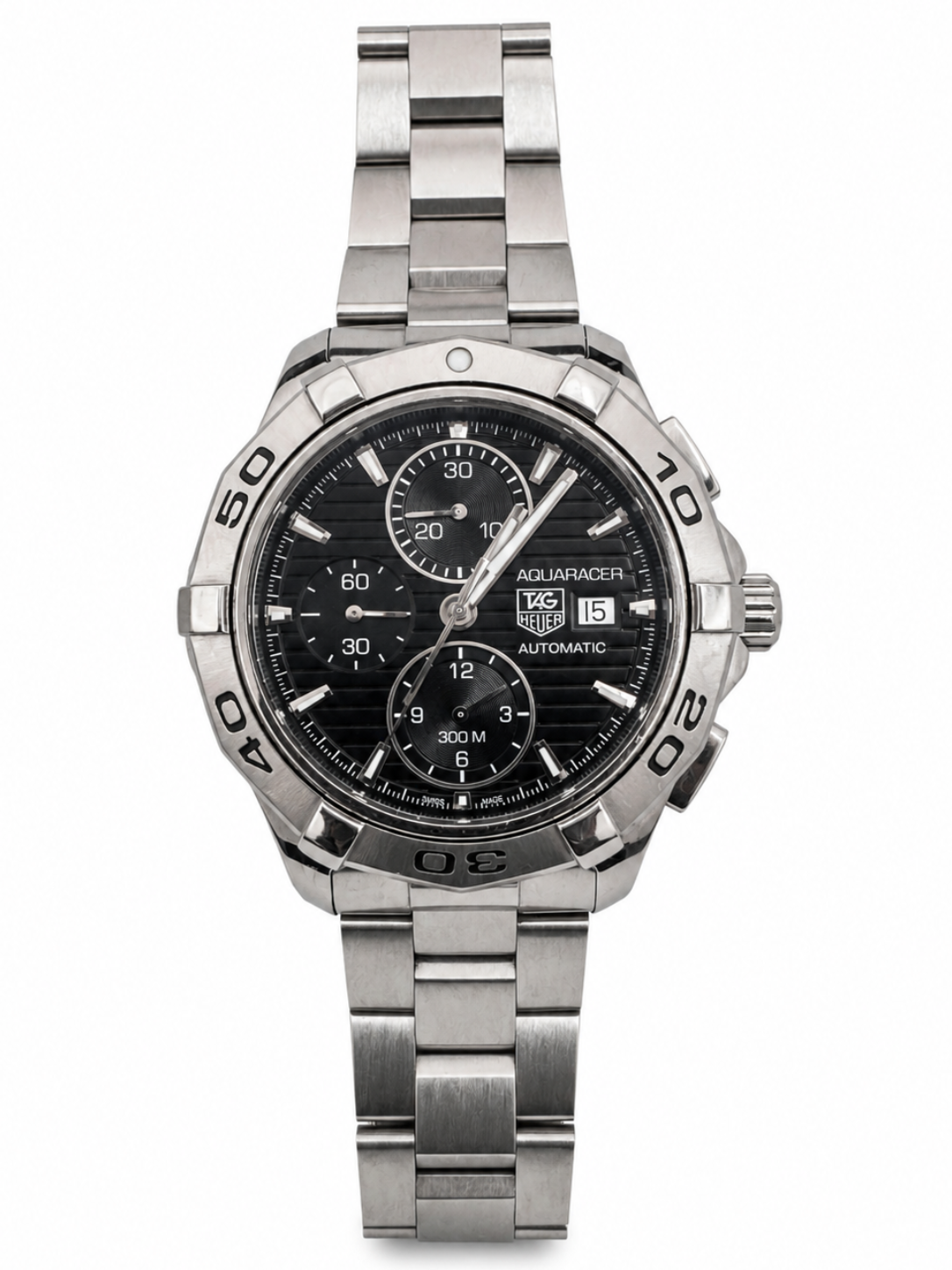 Pre-owned TAG Heuer Aquaracer Calibre 16 automatic chronograph watch with black dial and stainless steel bracelet reference CAP2110.BA0833