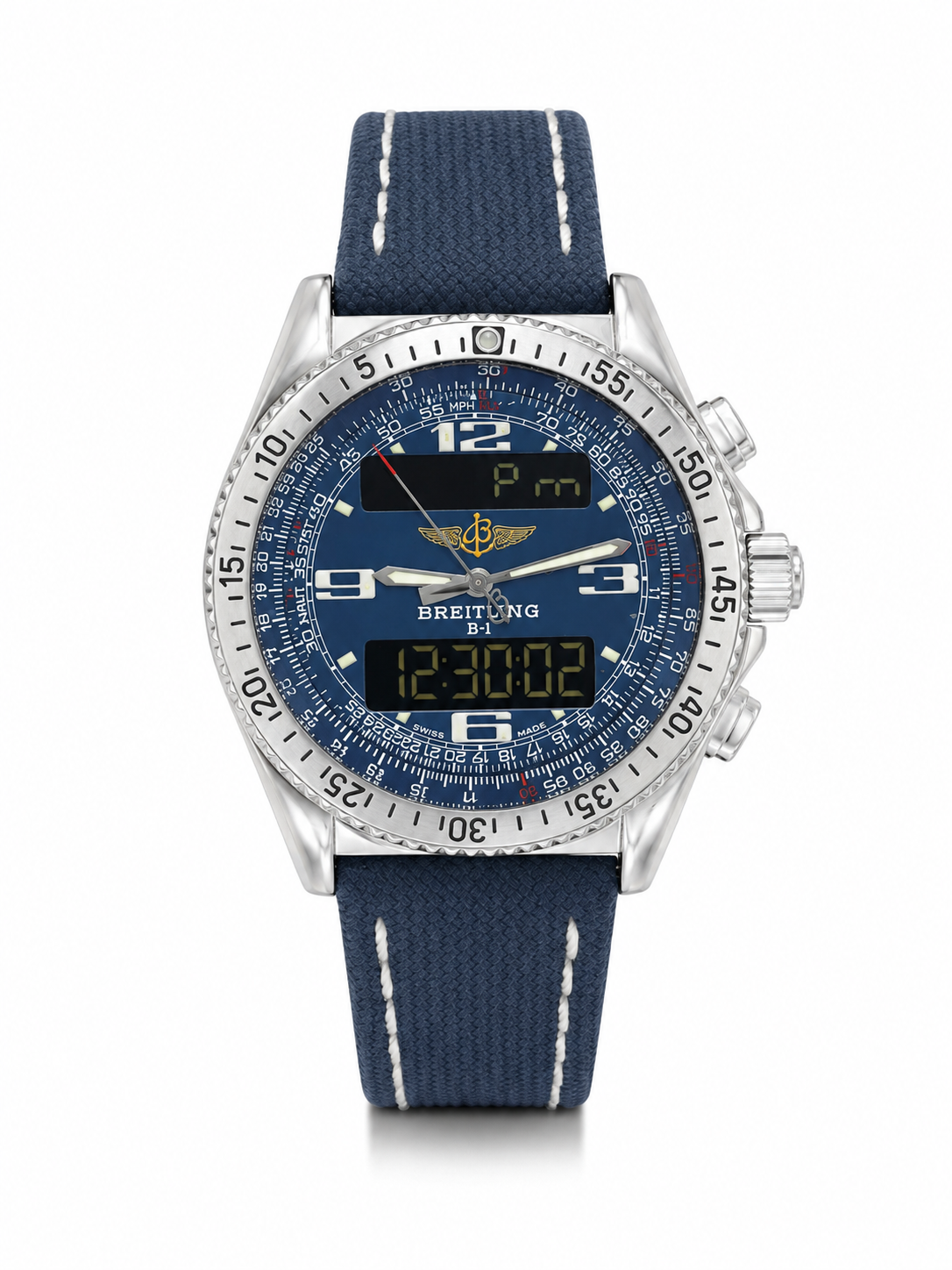 Breitling B-1 Professional pre-owned quartz watch with blue dial, 43mm stainless steel case, rotating slide-rule bezel, and blue canvas strap