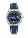 Breitling B-1 Professional pre-owned quartz watch with blue dial, 43mm stainless steel case, rotating slide-rule bezel, and blue canvas strap