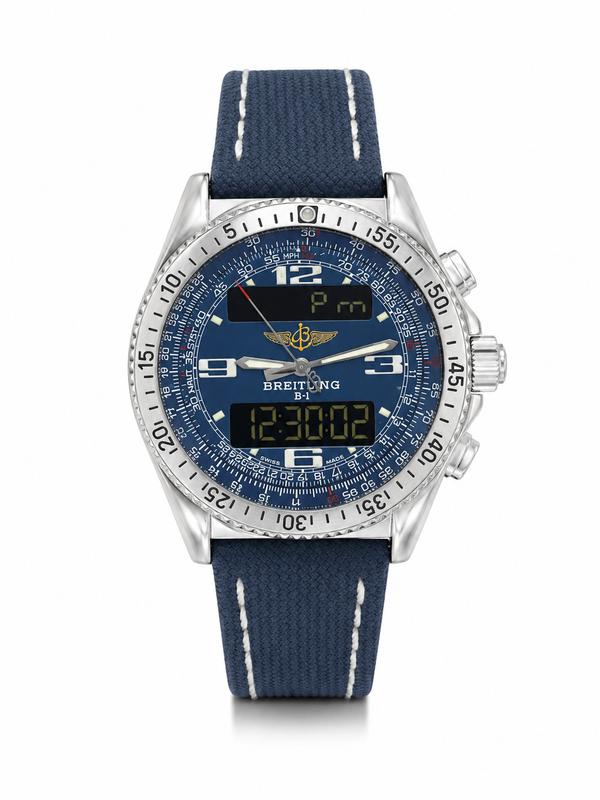 Breitling B-1 Professional pre-owned quartz watch with blue dial, 43mm stainless steel case, rotating slide-rule bezel, and blue canvas strap