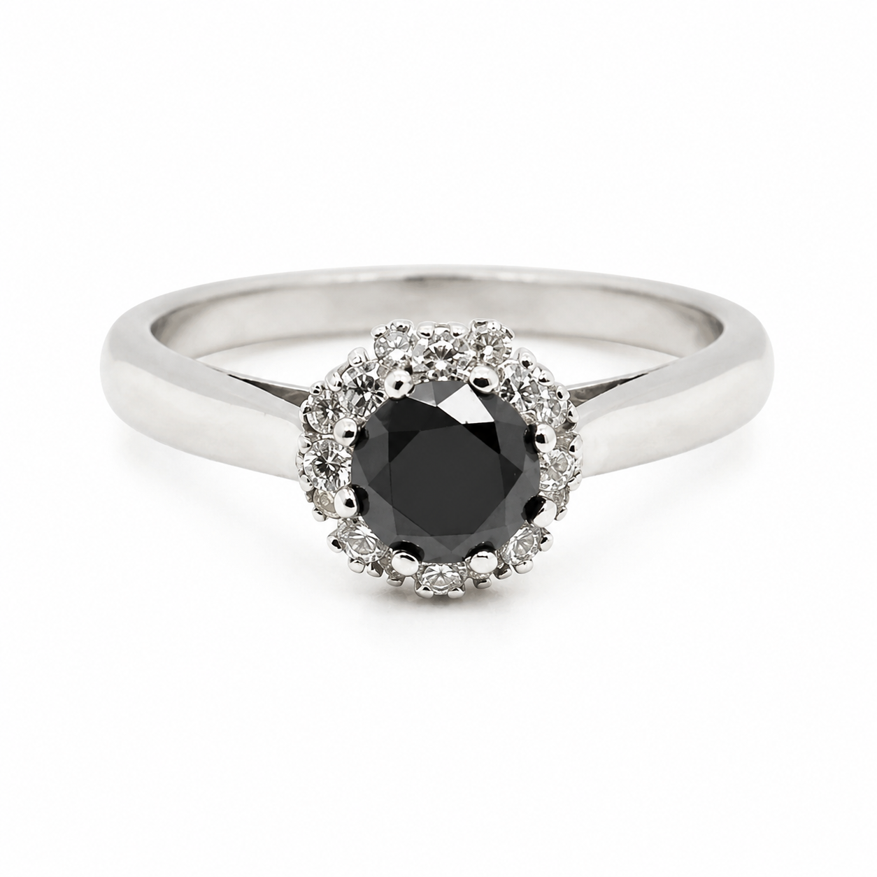 18ct white gold engagement ring with round black diamond centre stone and white diamond halo setting