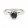 18ct white gold engagement ring with round black diamond centre stone and white diamond halo setting