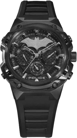 Police Batman Crusader Limited Edition 46mm black stainless steel quartz chronograph watch with skeletonised black dial, Batman insignia, and integrated rubber strap