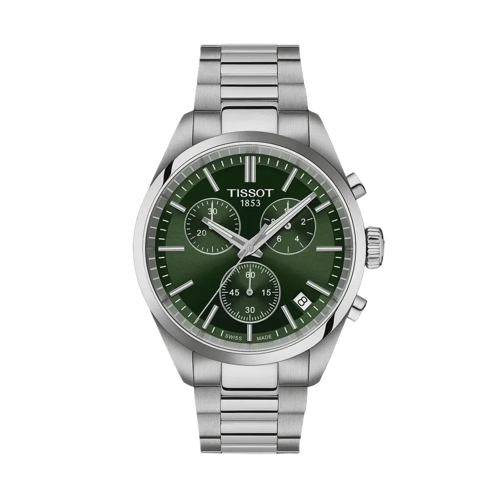 Tissot PR 100 Chronograph green dial stainless steel Swiss quartz watch T1504171109100 front view