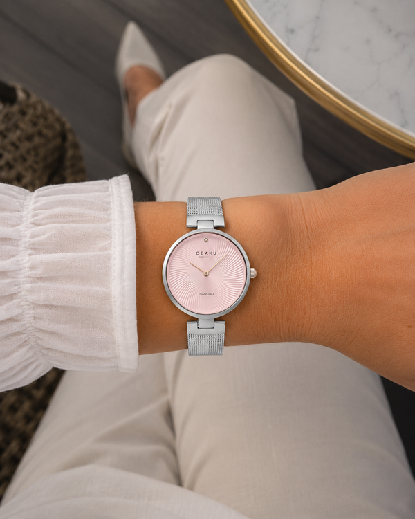 Obaku Denmark Diamant V256LXCPMC Quartz Pink Dial Stainless Steel Mesh Watch