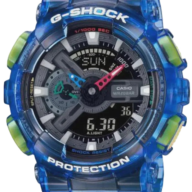 Casio G-Shock GA-110JT-2ADR translucent blue resin analog-digital quartz watch with black dial and lime-green accents