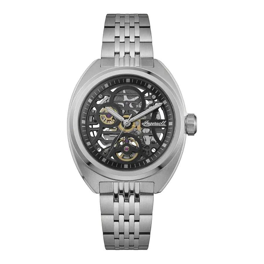 Ingersoll Wrangler I16901 automatic skeleton watch with black dial and stainless steel bracelet on white background