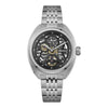 Ingersoll Wrangler I16901 automatic skeleton watch with black dial and stainless steel bracelet on white background
