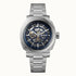 Ingersoll Outrider I16403 automatic skeleton watch with blue minute track and stainless steel bracelet on white background