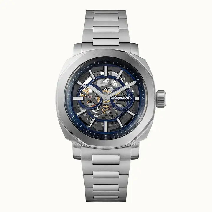Ingersoll Outrider I16403 automatic skeleton watch with blue minute track and stainless steel bracelet on white background
