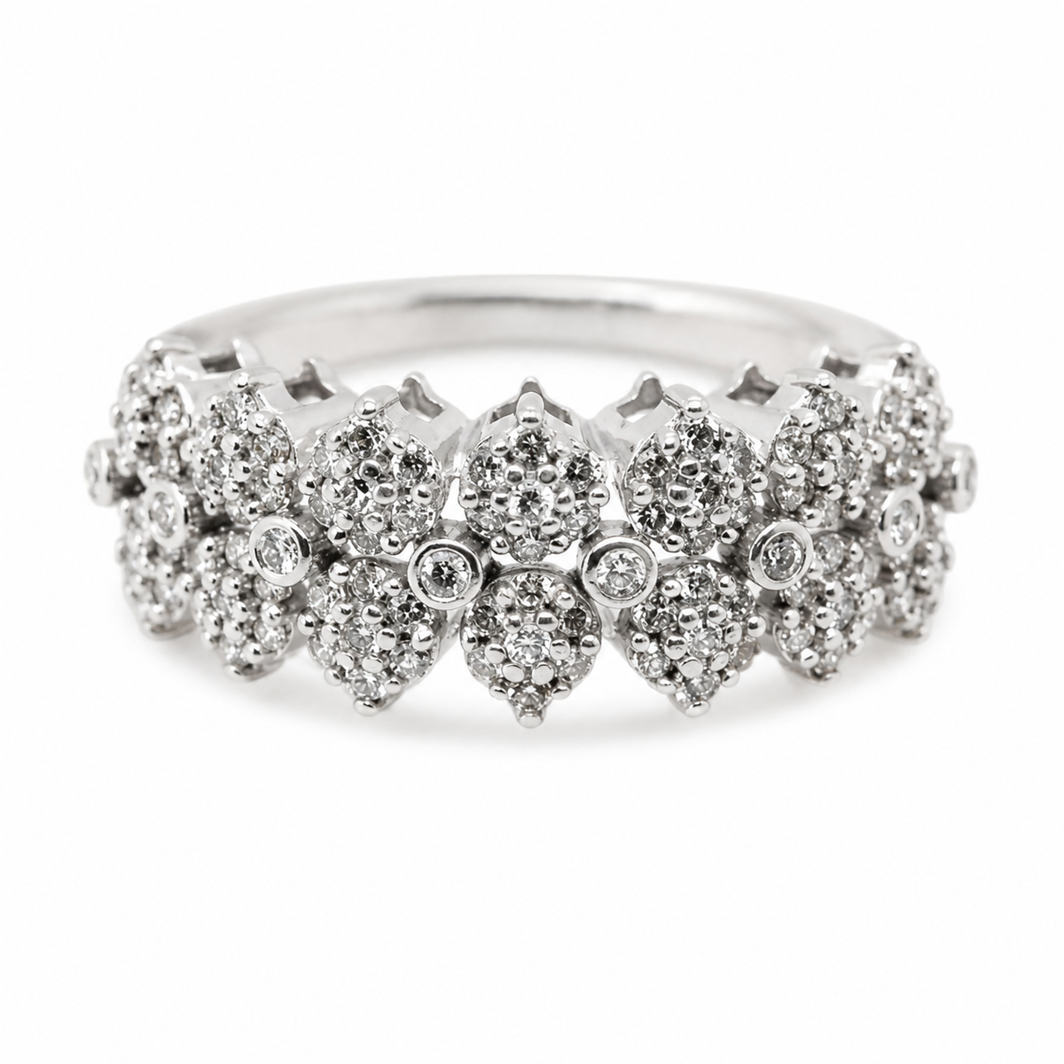 9ct white gold diamond cluster cocktail ring with triple band design by Cassim & Co Johannesburg