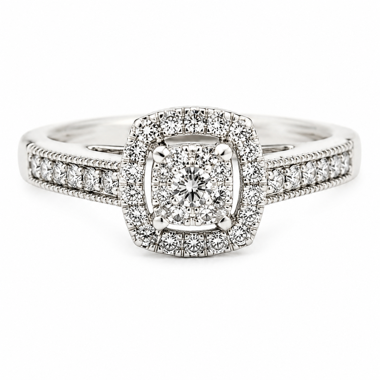 9ct White Gold Halo Cushion Cut Diamond Ring 1101958