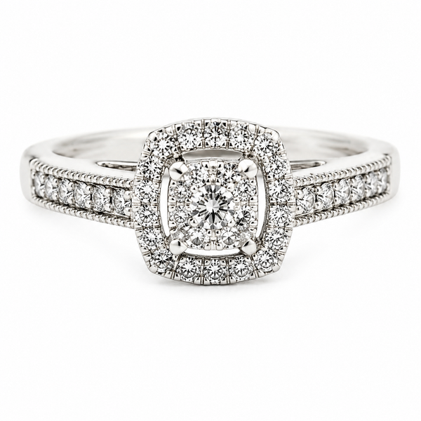 9ct White Gold Halo Cushion Cut Diamond Ring 1101958