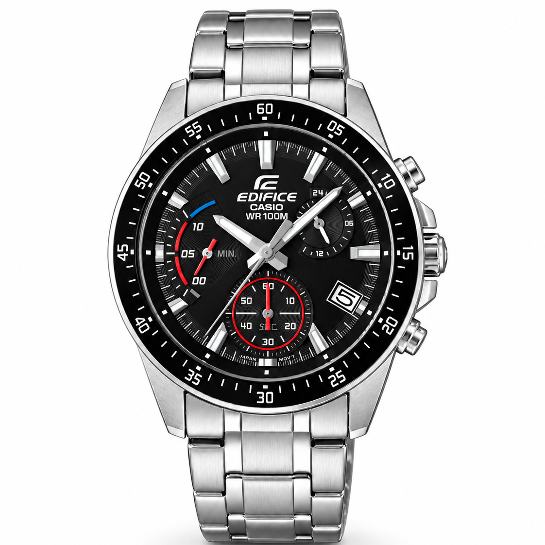 Casio EDIFICE EFV-540D black dial chronograph watch on stainless steel bracelet