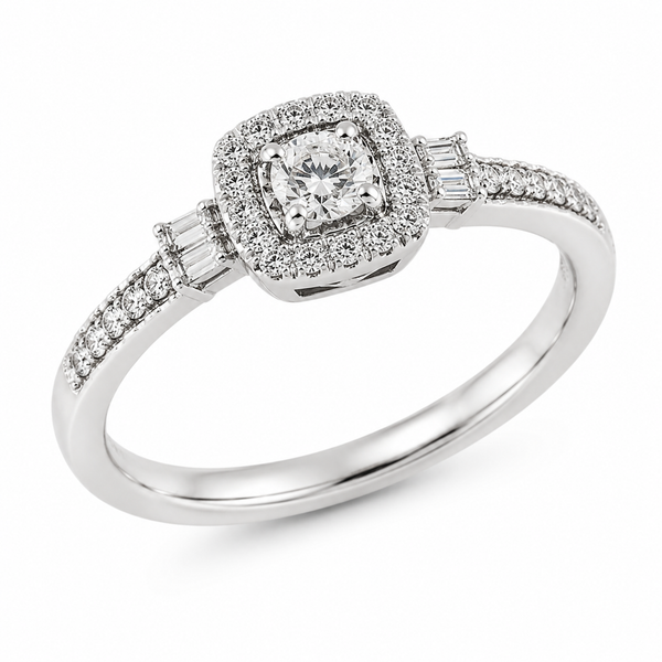9ct White Gold Cushion Cut Side Bagguette Diamond Ring 1102189