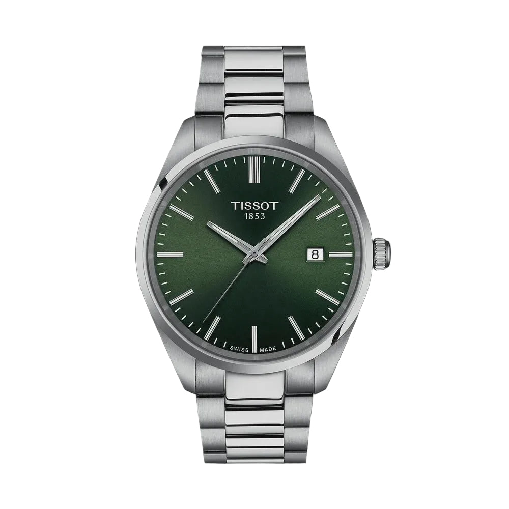 Tissot PR 100 quartz watch with 40mm stainless steel case, green sunburst dial, sapphire crystal, and three-link steel bracelet
