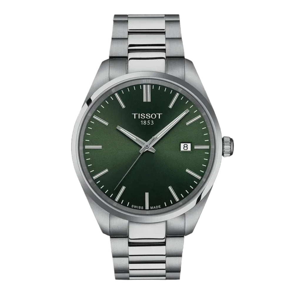 Tissot PR 100 40mm green sunburst dial quartz watch on steel bracelet
