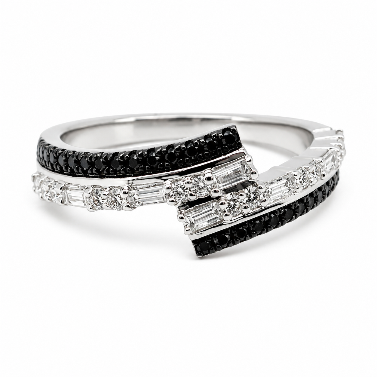 9ct white gold bypass band ring featuring baguette and round cut black diamonds with white diamond accents, Cassim & Co Johannesburg