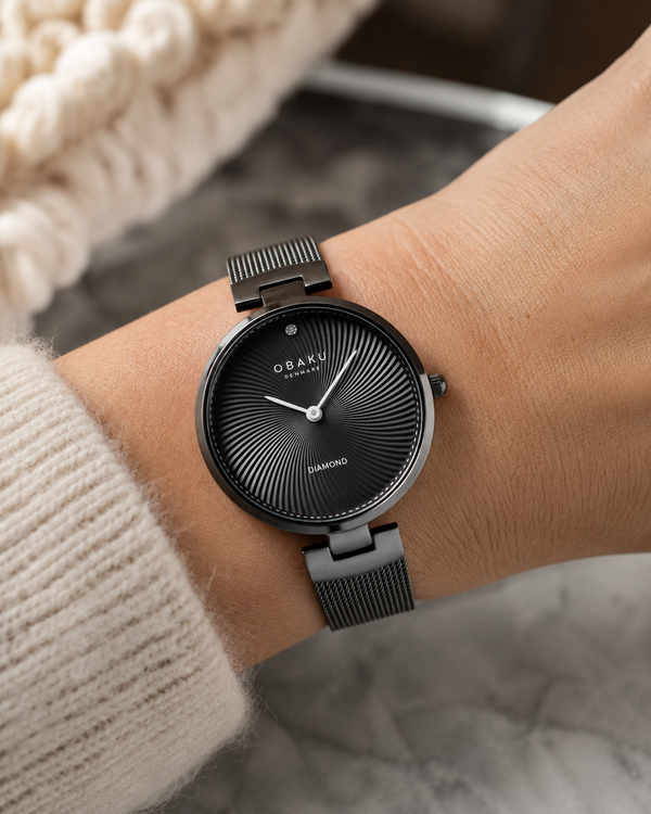 Obaku Diamant V256LXBBMB Quartz Black Dial Diamond Mesh Watch (V256LXBBMB)