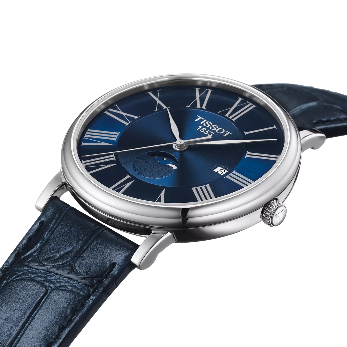 Tang clasp and leather strap detail on Tissot Carson Premium watch