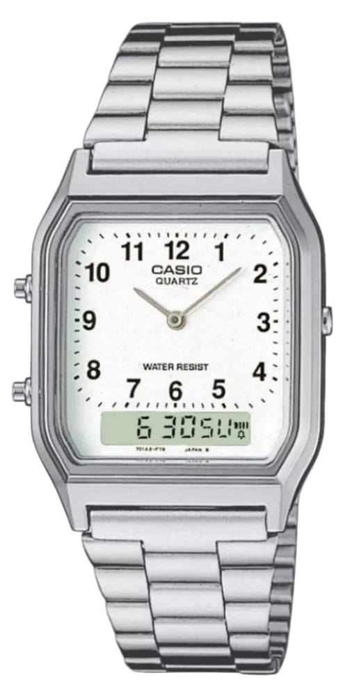 Casio Vintage AQ-230A-7B Dual Time Quartz White Dial Stainless Steel Watch (AQ-230A-7BMQ)